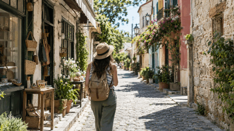 Traveler walking through a quiet local street with small shops and historic buildings away from the main tourist area.